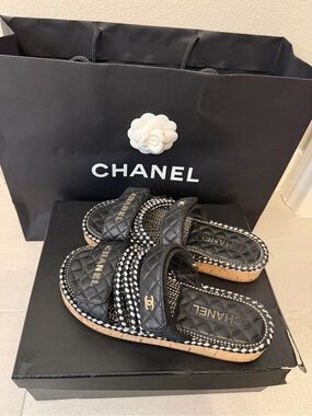Chanel Black rope quilted slide sandals